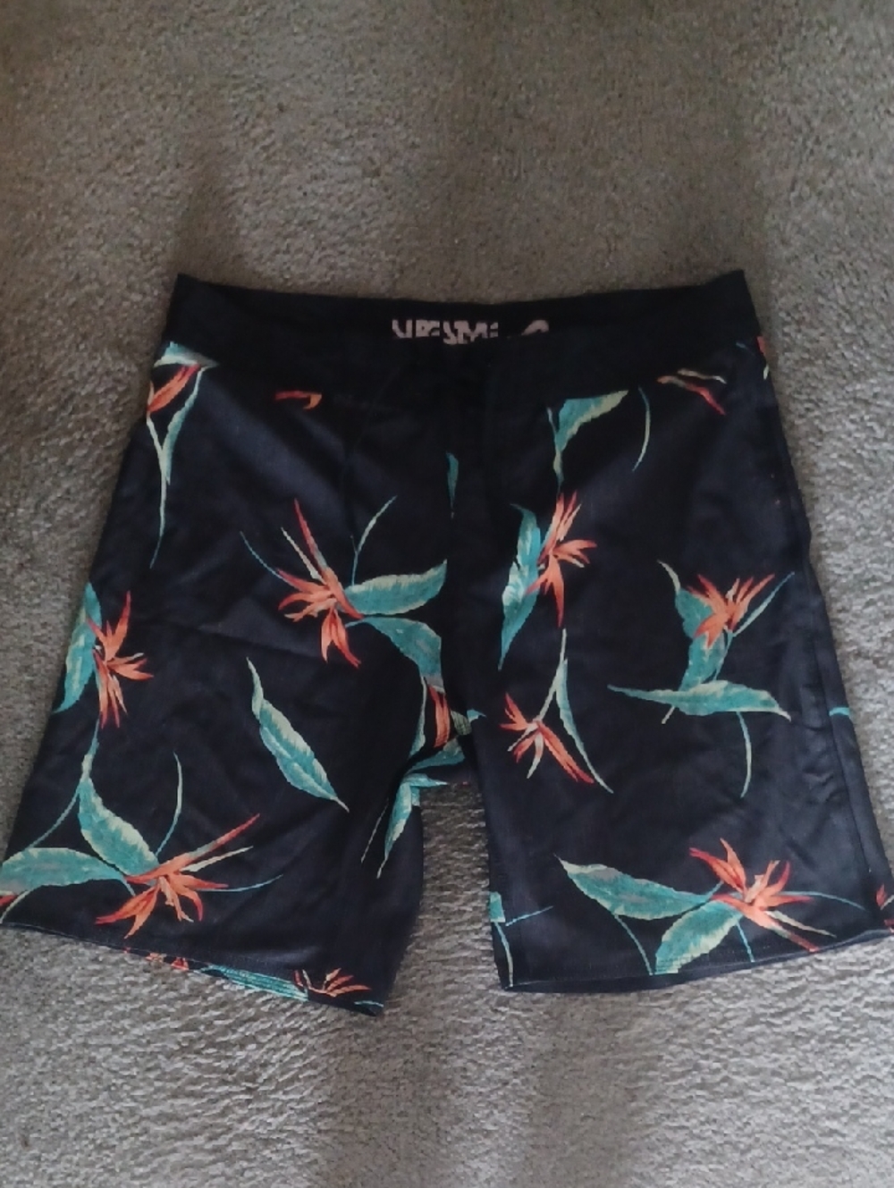 Surf Style Black Tropical Floral Swim Trunks with Teal & Orange Print